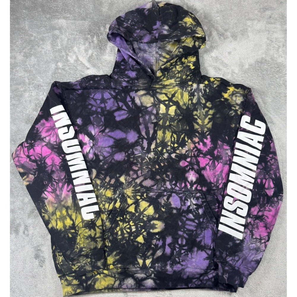 Insomniac Tie Dye Graphic Pullover Hoodie Sweatshirt Purple Yellow Mens XL